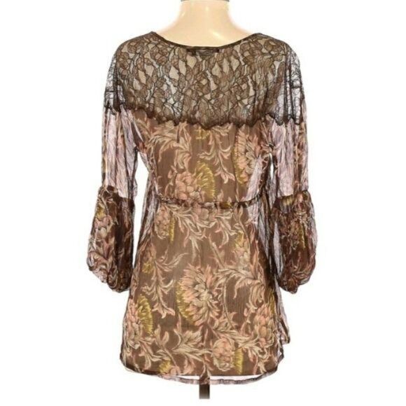 BCBGMaxAzria Top Sheer Silk Botanical Peasant Balloon Sleeve Brown Pink Sz S - Picture 2 of 13